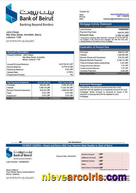 Lebanon Bank of Beirut mortgage statement Word and PDF template